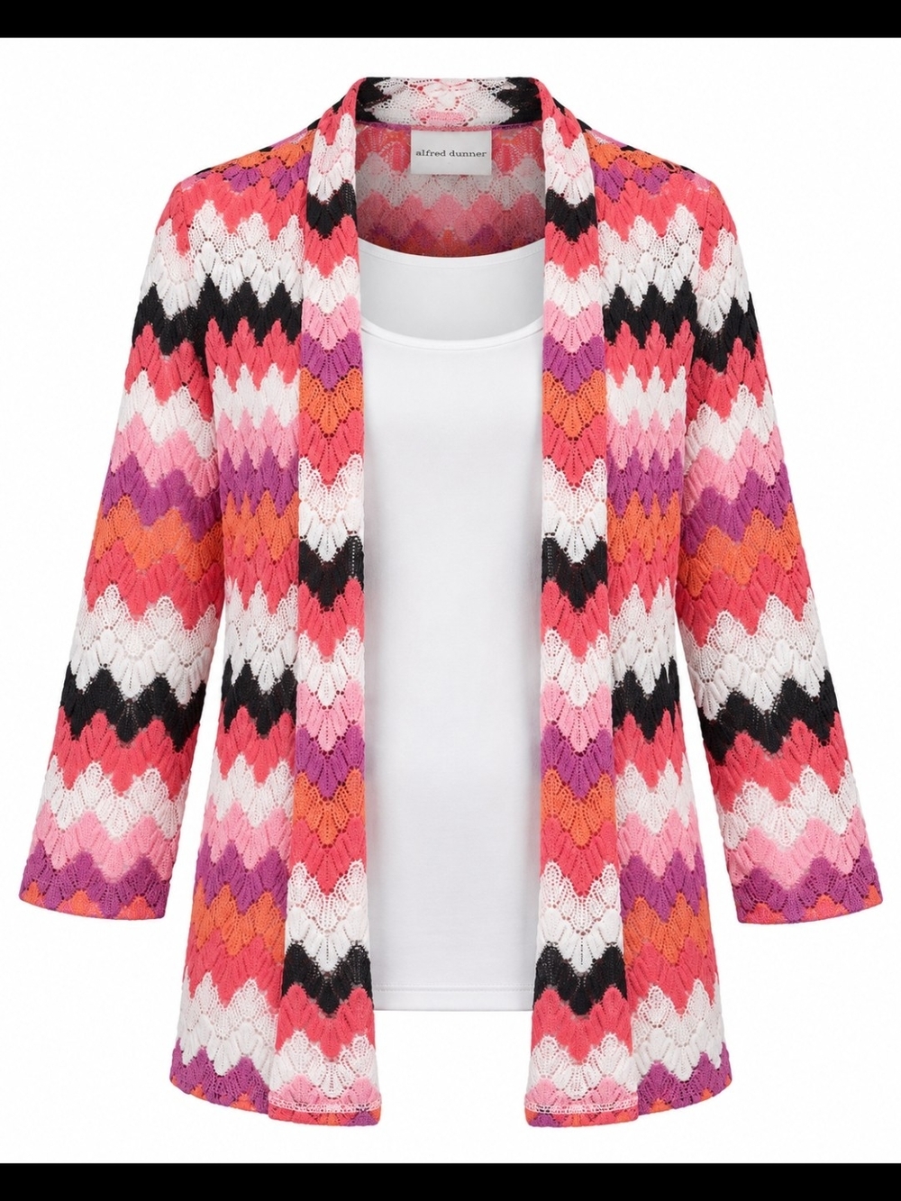 Alfred Dunner Coral Pink Multi Chevron Open-Front Cardigan